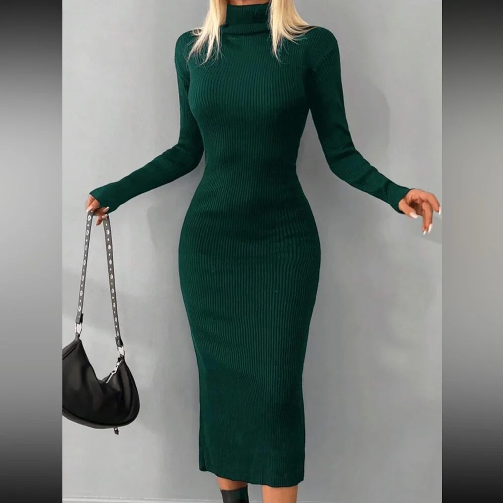 Luxe black high neck sweater bodycon dress - Picture 4 of 16